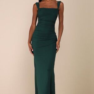 Lulus Amazing Presence Dark Green Mesh Ruched Column Maxi Dress - Size M